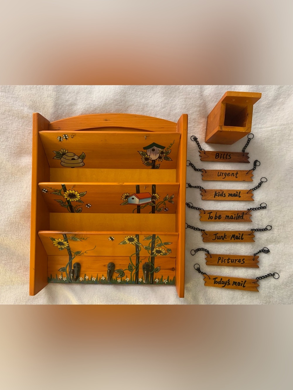 Vintage Hand-Painted Wooden Mail Organizer and Key Holder Set